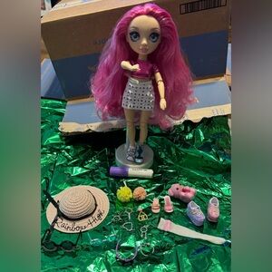 Rainbow High Bundle pink haired doll, straw hat, shower poofs, misc jewelry